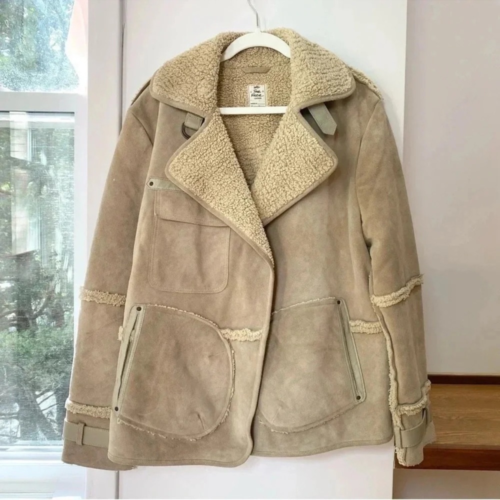 Free People Cassidy Oversized Suede Fleece Barn Jacket Cream Medium